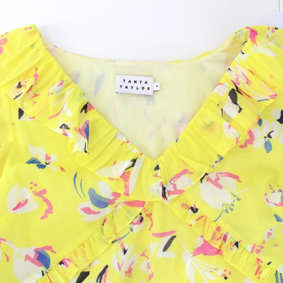 Tanya Taylor Lourdes Floral Cotton Blouse Yellow Ruffle V Neck Balloon Sleeve 4 - Picture 9 of 14
